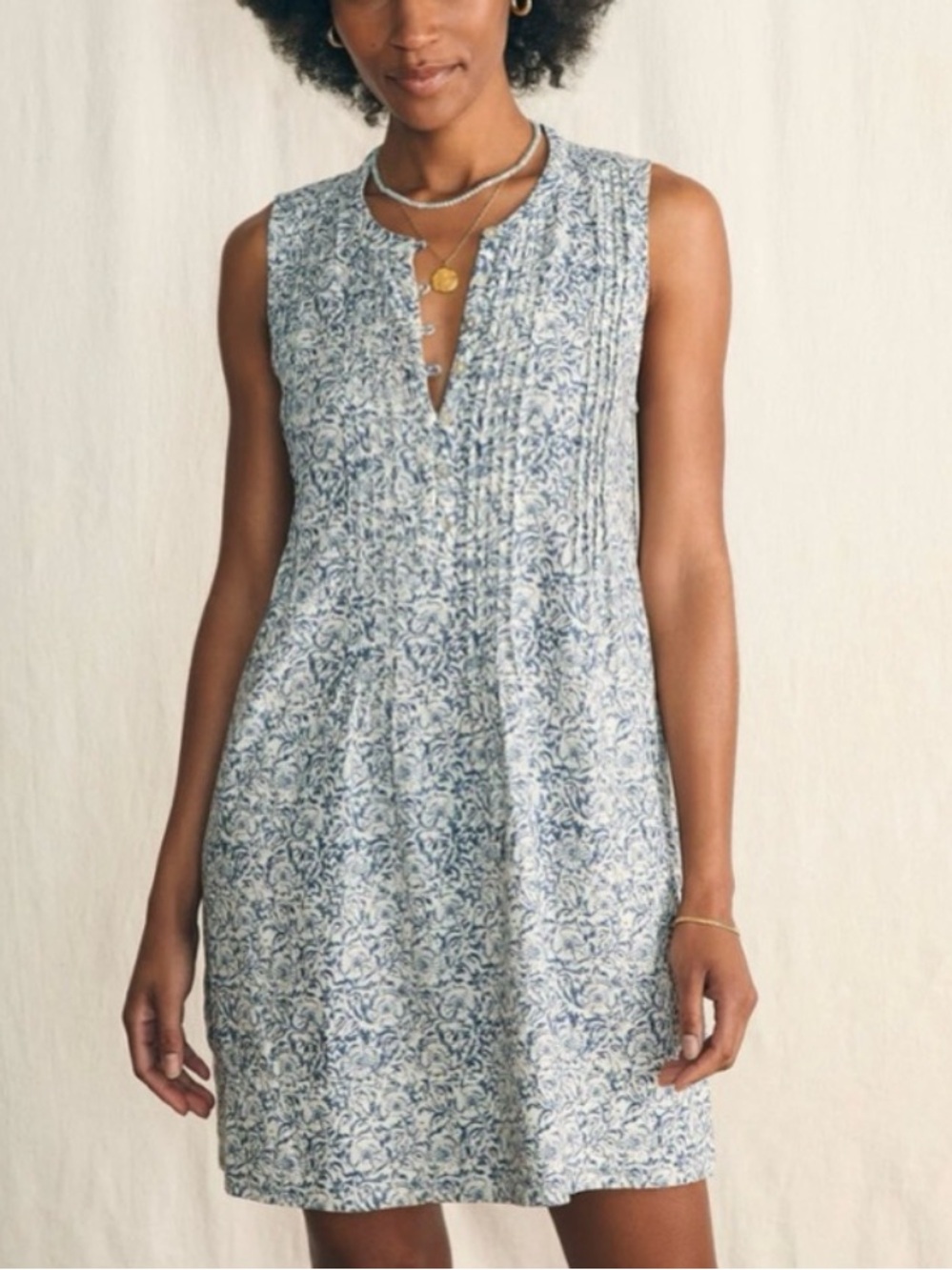 Faherty Isha Dress Women Size Medium Blue Cream Floral Linen Blend Pintuck Mini